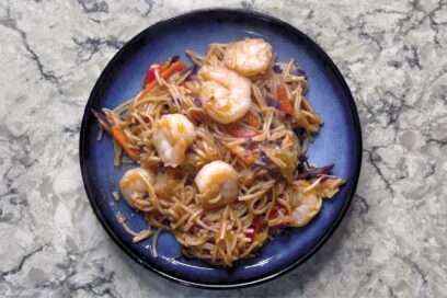 Shrimp Lo-mein on a blue plate