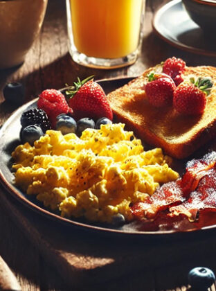 Eggs on a plate surrounded by fruit and orange juice